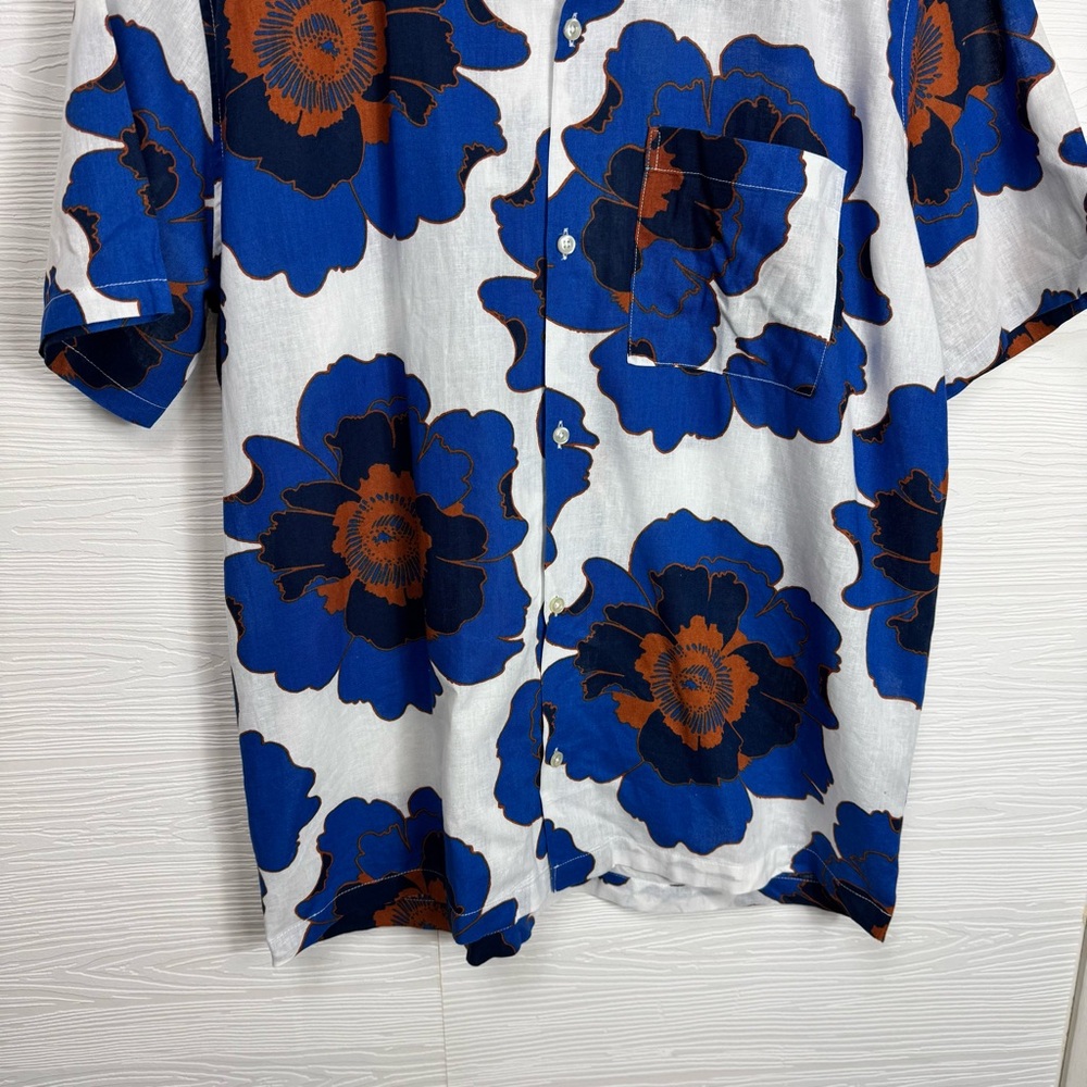 GAP Men Linen-Cotton White & Blue Floral Button Down Shirt Resort Wear Vacation - Picture 3 of 7